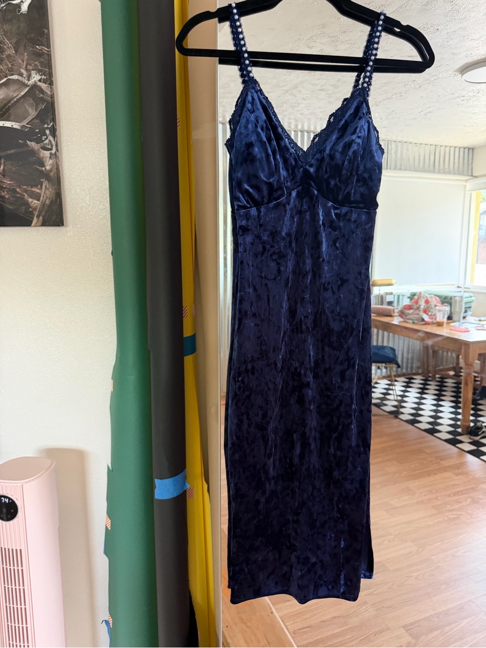 Fashion Nova Navy Velvet Midi Slip Dress with Beaded Straps